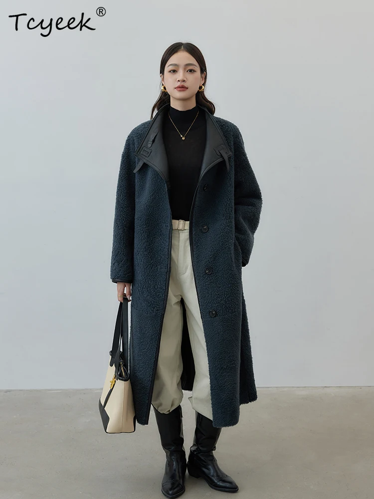 Tcyeek Prawdziwa Wełna Jesień Zima Elegancki Modny Dwustronny Jednolity Kolor Długi Damski Wełniany Płaszcz z Kożucha Futro Fourrures Femme