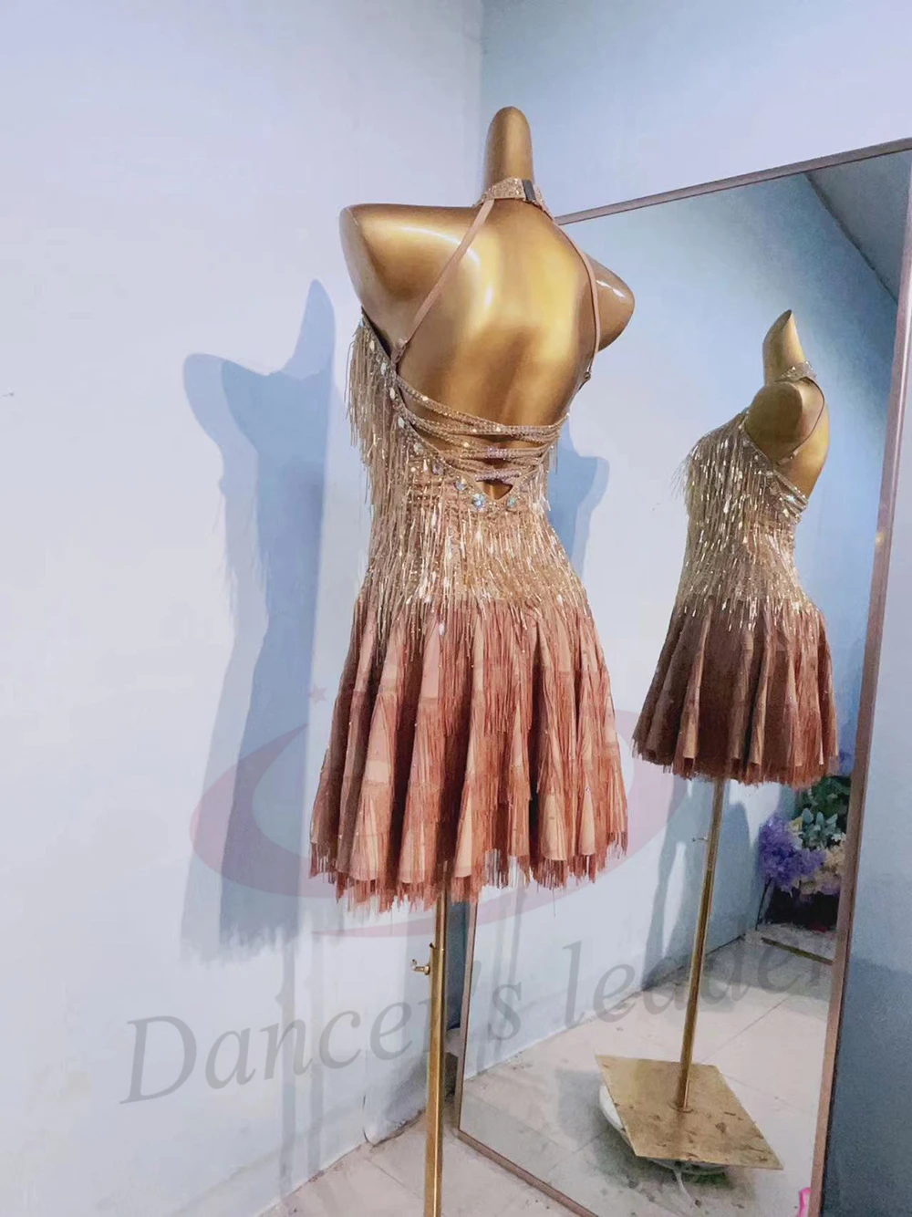 فستان راقص لاتيني للأطفال البالغين عالي الجودة مصنوع من الخرز المعدني وشرابة تانجو سامبا AB Stone Performance