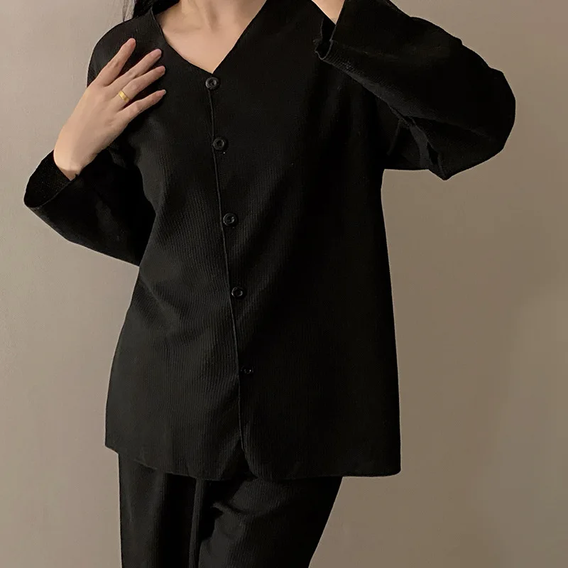 Simple Waffle Pajamas Sets For Women Casual Soft Female Home Sleepwear Cardigan Long Sleeve With Loose Pants 2Pcs Autumn Winter