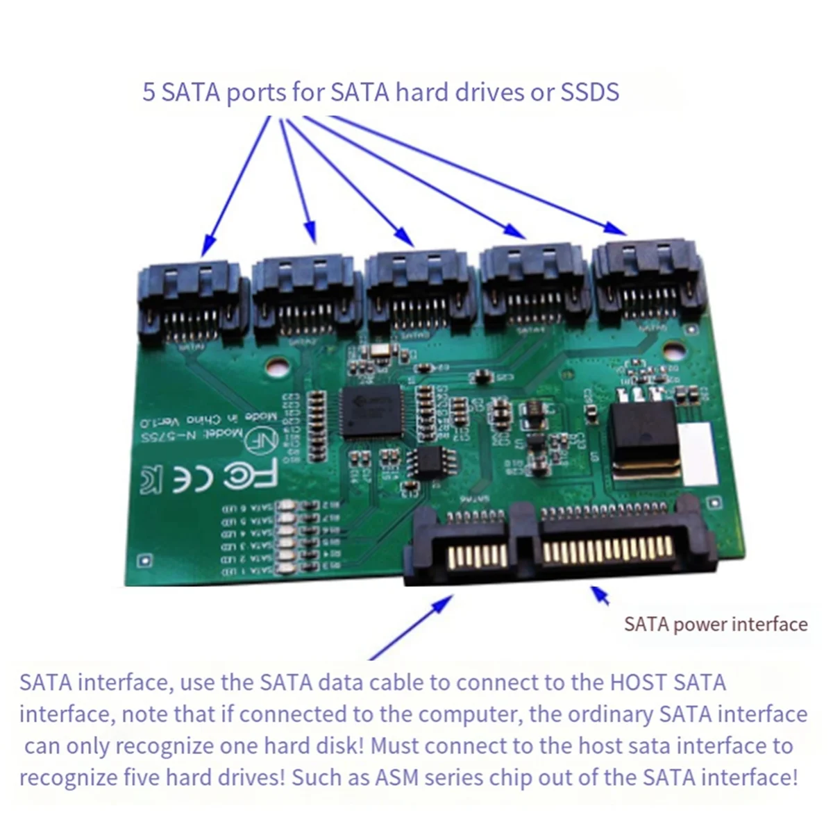 Tarjeta de expansión SATA, 1 a 5 puertos, tarjeta controladora SATA3.0, placa base, multiplicador de puerto SATA, adaptador HUB de tarjeta elevadora