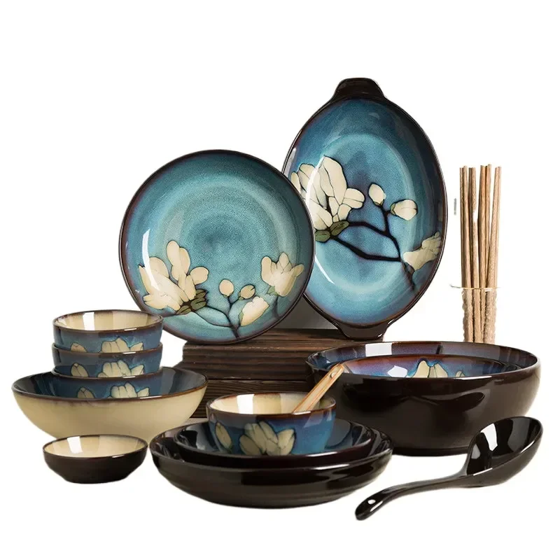 Style Thickened Ceramic Dish Set Cute Color Rice Bowl Soup Bowl Vegetable Plate Microwave Safe Tableware for 4-6