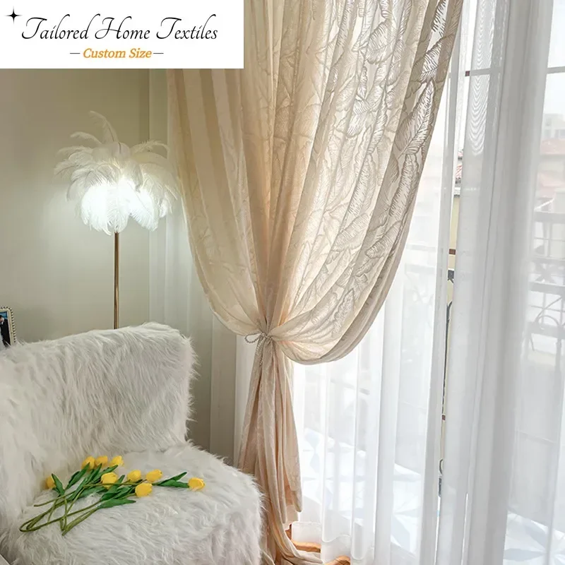 

Large Leaf Cream Beige French Three-dimensional Embroidery Window Decor Curtains for Living Dining Room Bedroom White Tulle