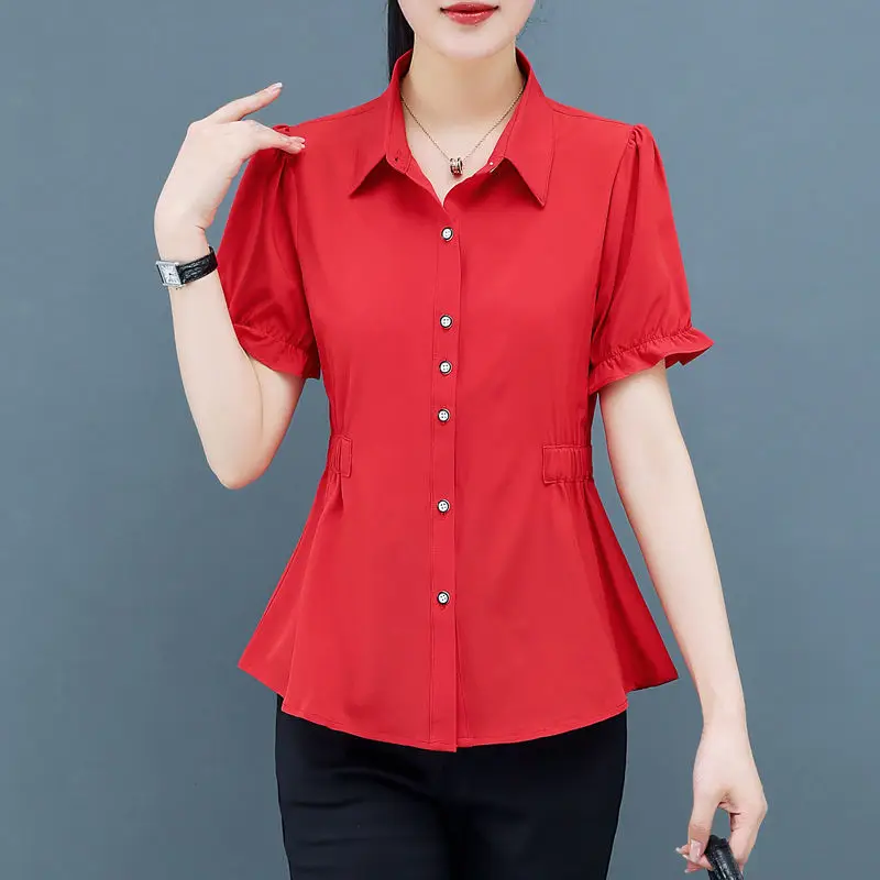 Office Lady Solid Color Shirt Fashion Shirring Waist Female Clothing Casual Turn-down Collar 2024 Summer Single-breasted Blouse