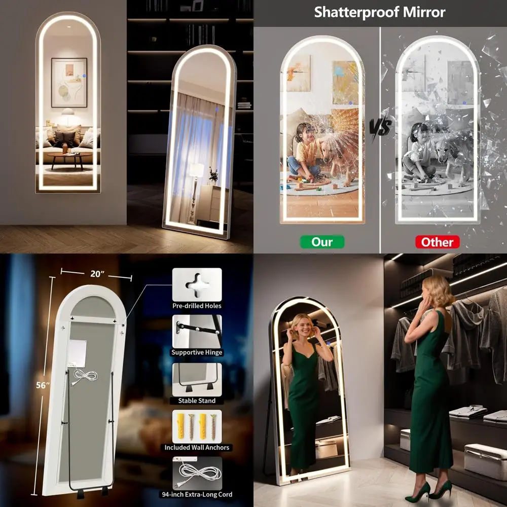 Illuminated Arched 56x20 Full-Length Mirror with Adjustable Brightness and Multicolor Lighting, Shatter Resistant, Versatile for