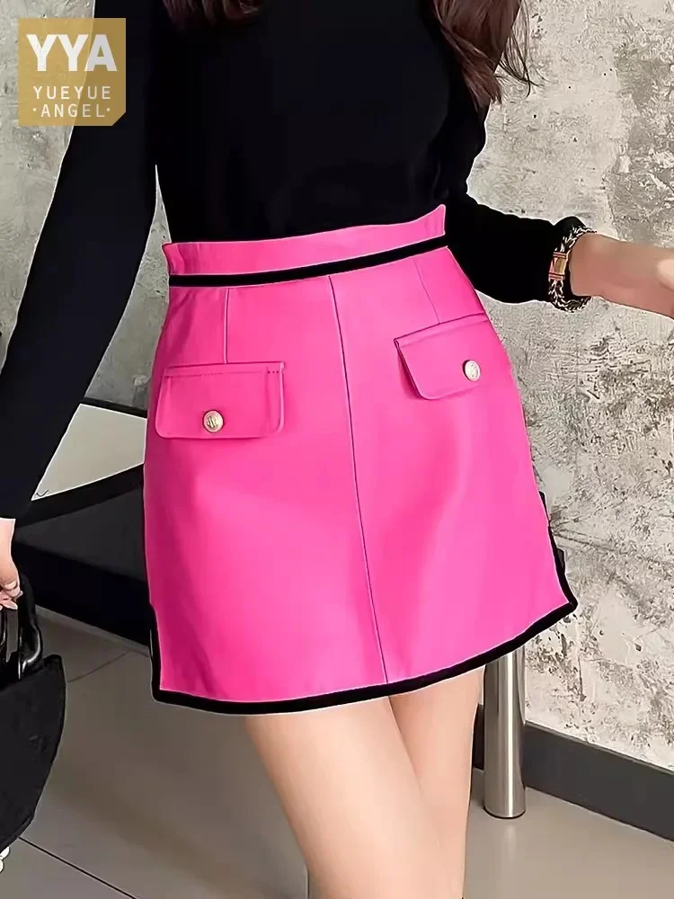 

New Genuine Leather Short Skirt Women Spliced Design High Waist Sheepskin Slim Fit A-Line Offce Lady Fashion Wrap s