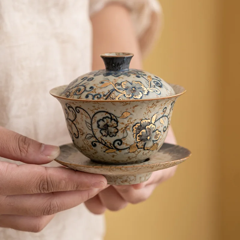 Rough Pottery Hand-painted Blue And White Three Family Tea With A Single Piece Of Paper Cover Bowl Ceramic Teacup