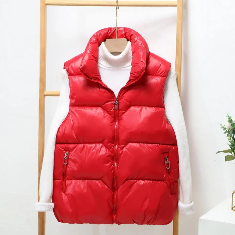 

Women's Winter Zipper Vest Coat Padded Stand-up Collar Sleeveless Coat With Zipper Pocket Solid Color Warm Vest