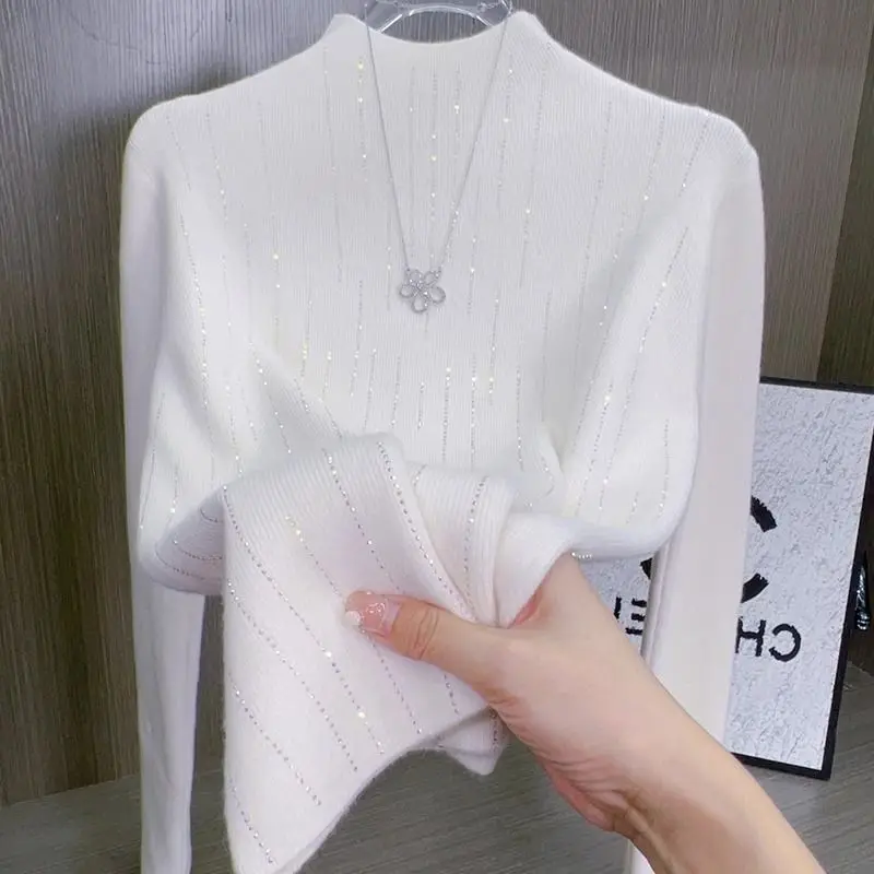 Autumn Winter Women\'s Clothing Solid Color Pullover Long Sleeve Half High Collar Rhinestone Sweater Knitted Elegant Casual Tops