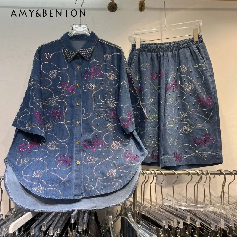 

Denim Suit Women's Summer 2025 New European Style Short Pants Age Reduction Heavy Industry Fashion Wear Single-breasted Blouse
