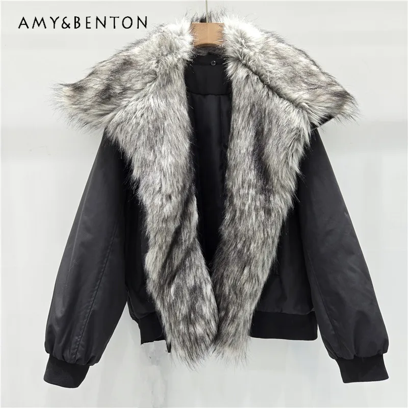 Autumn Winter Popular Eco-Friendly Furry Collar Patchwork Color Block Top Overcoat Thickened Warm Cotton Jacket Faux Fur Coat