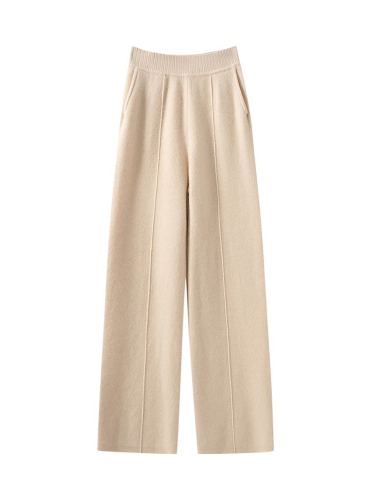 

MEETCC Women's 100% Cashmere Wide Leg Pants Autumn Winter Office Lady Pockets Trousers Soft Warm Cashmere Thicked Cozy Pants