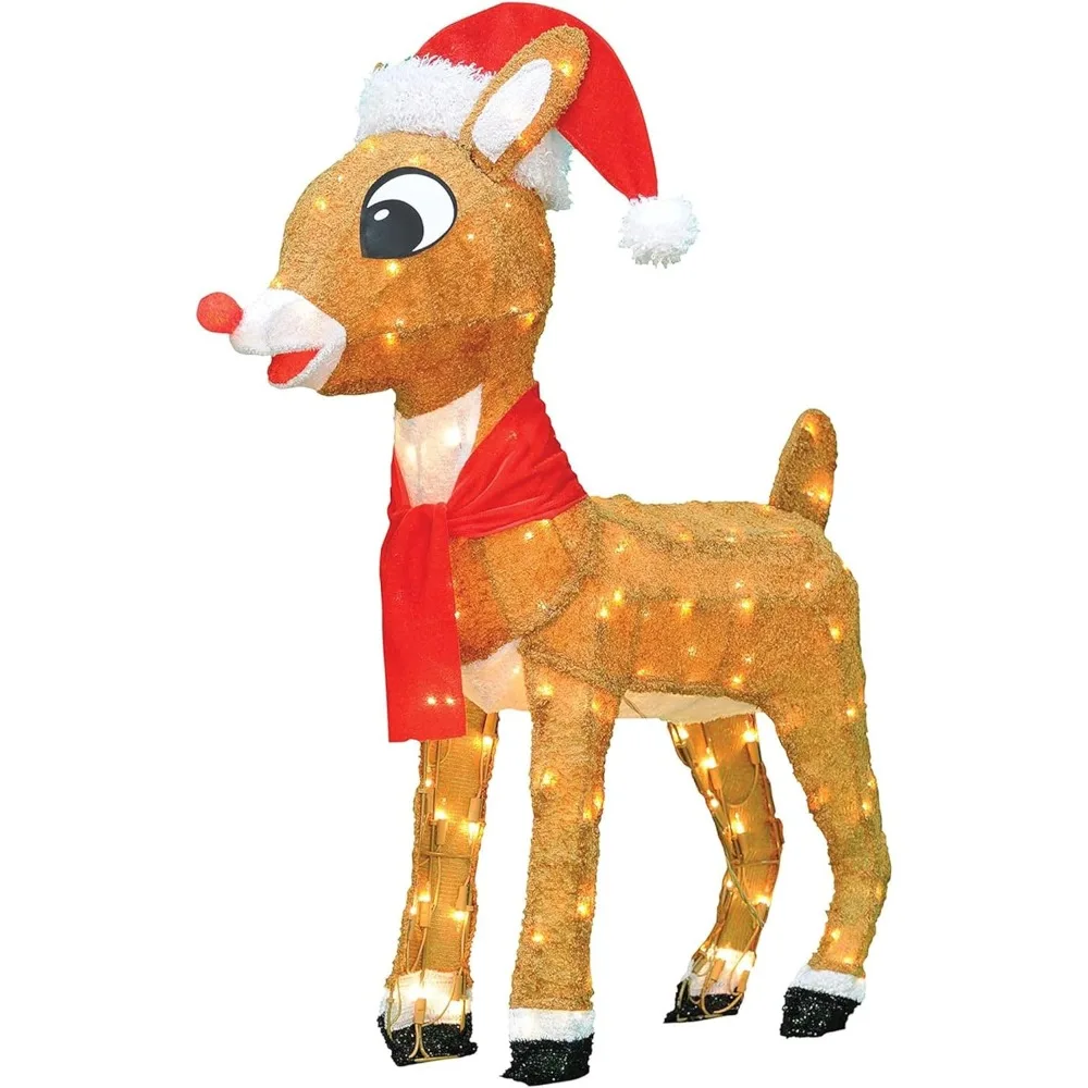 

32 Inch Rudolph The Red-Nosed Reindeer Santa Hat and Scarf Indoor/Outdoor Christmas Yard Ornament, Holiday Display