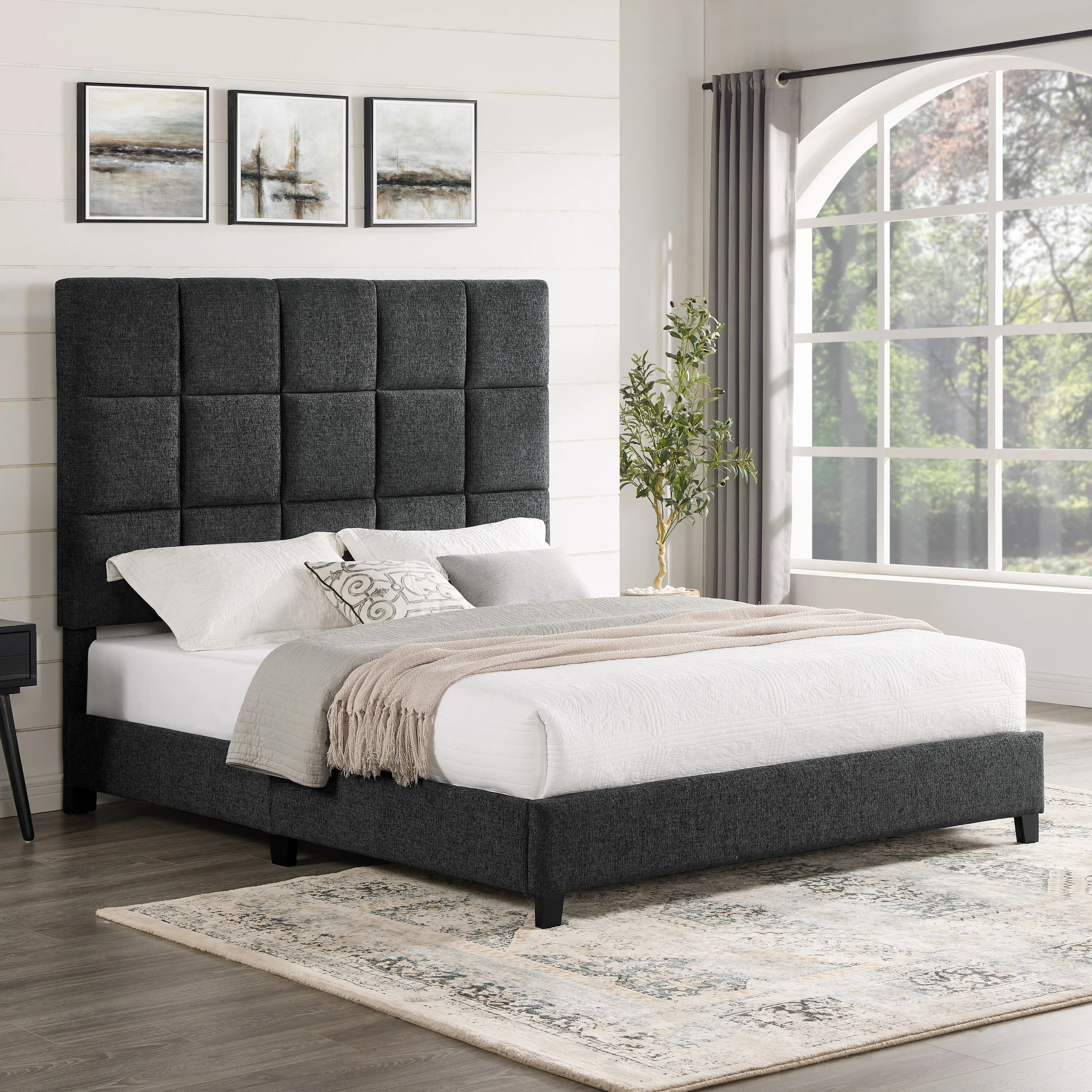 [Flash Sale]Bridgevine Home Queen Size Grey Squares Upholstered Platform Bed[US-Stock]