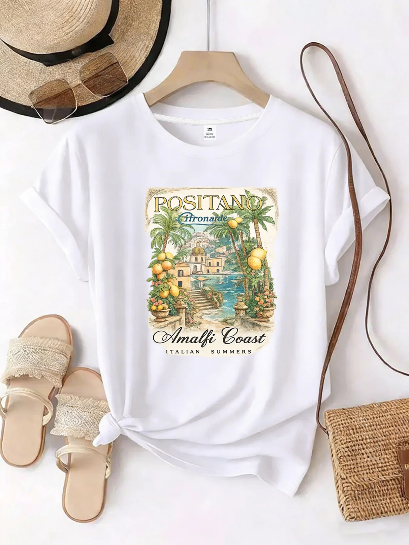 

【YJ00074】Fruit trees and house Plus size women's round neck short sleeve T-shirt with elastic half sleeves and trendy prints