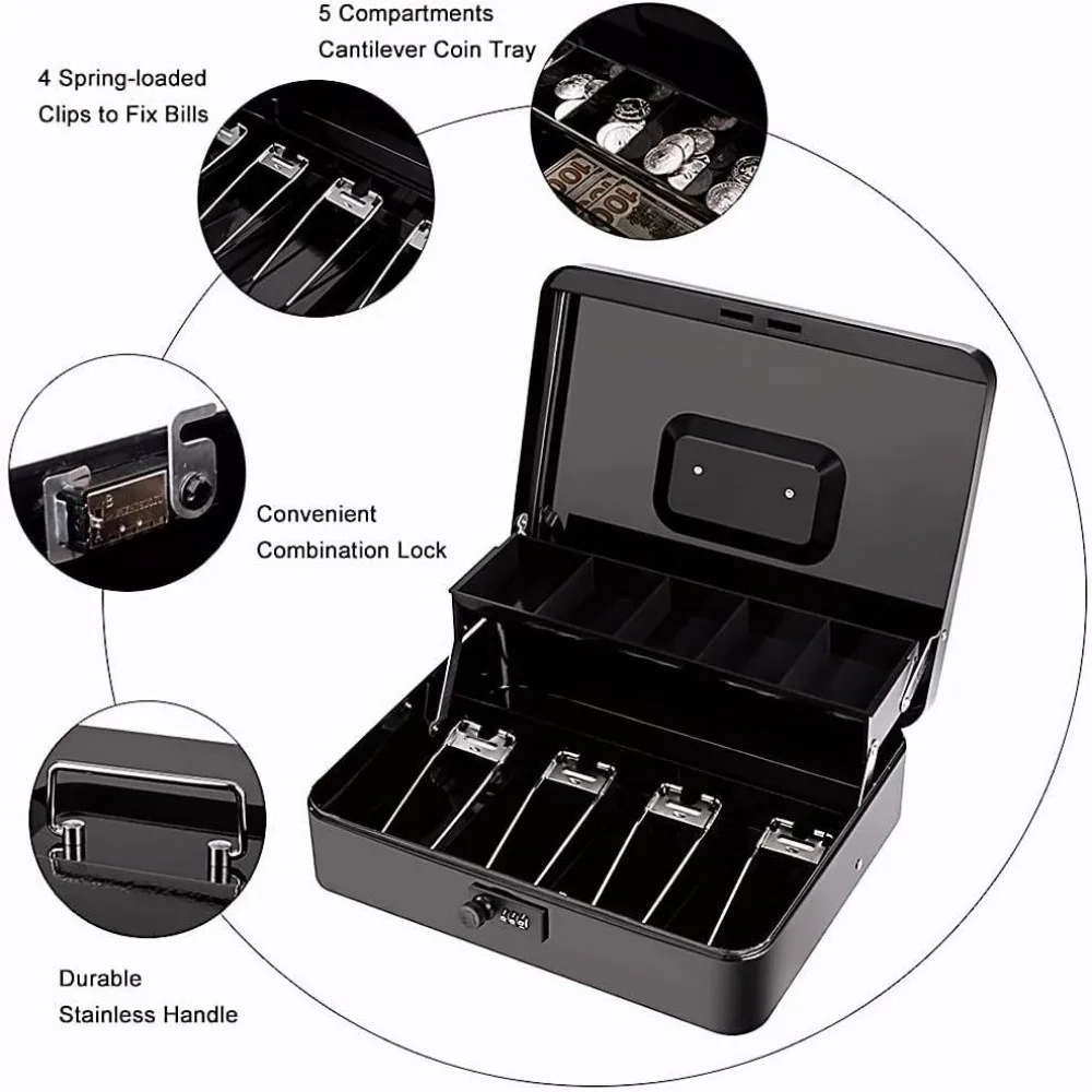 Caja de efectivo con cajón portátil, armario con cabezal seguro de Metal negro, desbloqueo con contraseña, Clip para cajero, caja de seguridad segura para ahorro de dinero para adultos