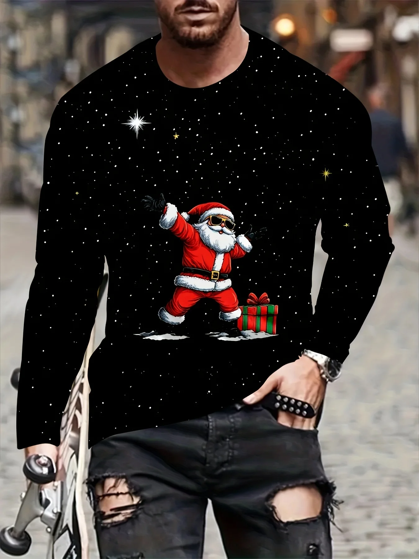 Santa Claus Print Men's T-shirt Spring Autumn Casual O-neck Loose Long Sleeve Tops Fashion New Year X'mas Clothing Christmas Tee