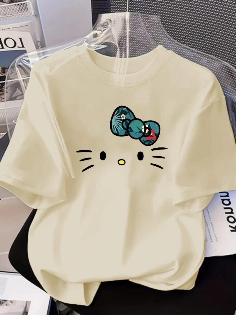 Sanrio Genuine Women's Casual Short Sleeved T-shirt, Hello Kitty Printed Short Sleeved, Loose Round Neck Top, Spring/summer Top
