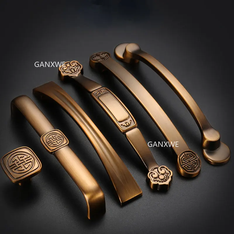 Retro Back Pattern Chinese Single-hole Drawer Pure Copper Cabinet Door Handles Wardrobe Full Copper Handle Imitation Classical