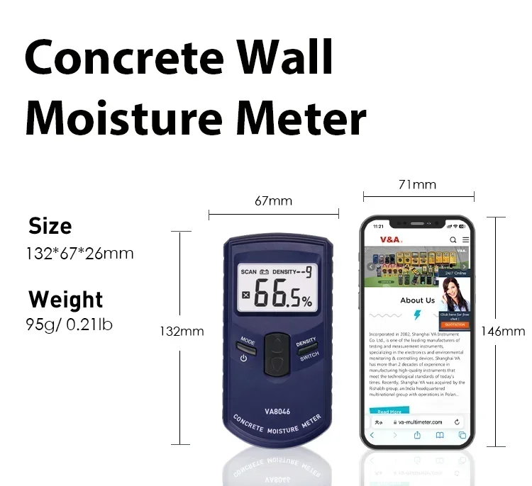 VA8046 Digital 10 Options Concrete Wall Moisture Meter with HF Electromagnetic Waves Moisture Sensor and Pinless Non-Invasive