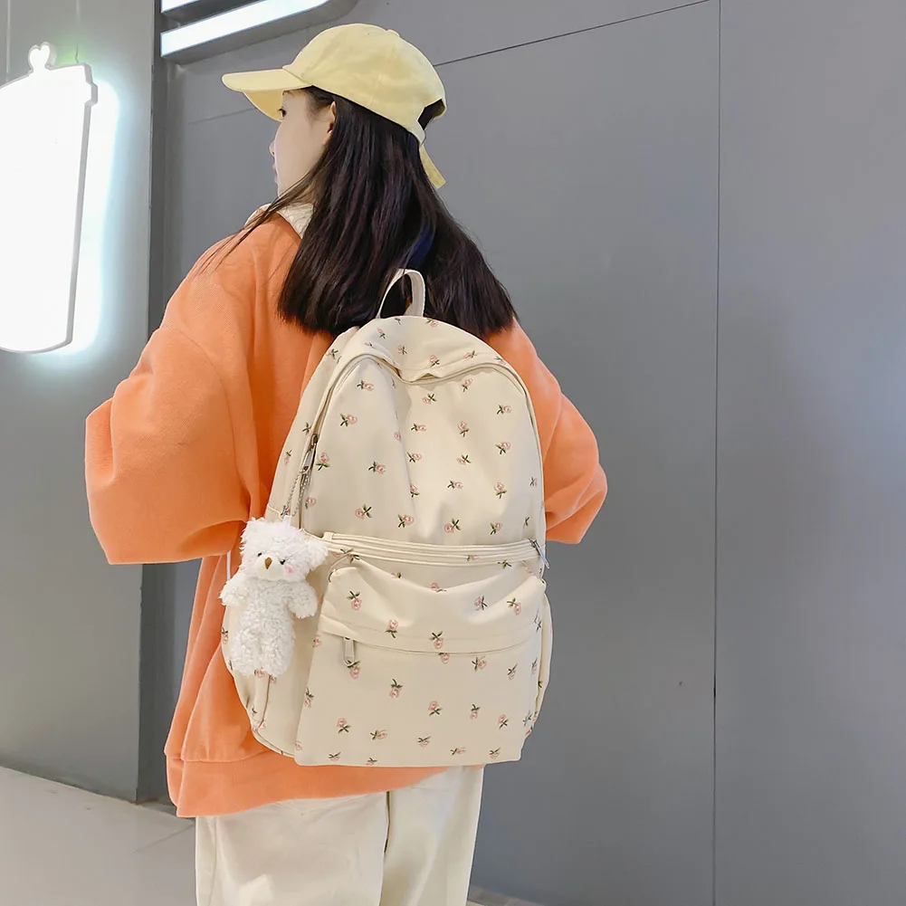 Mochila com estampas florais com pingente, mochila universitária para meninas, mochila escolar de grande capacidade, mochila estética para computador