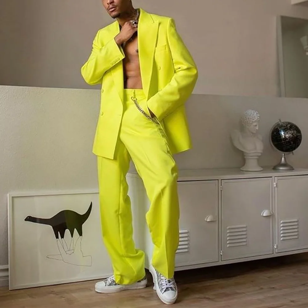 

High Street Men Suits Double Breasted Bright Color Fashion Man Set Two Piece Peak Lapel Casual Party Prom Club Male Clothing