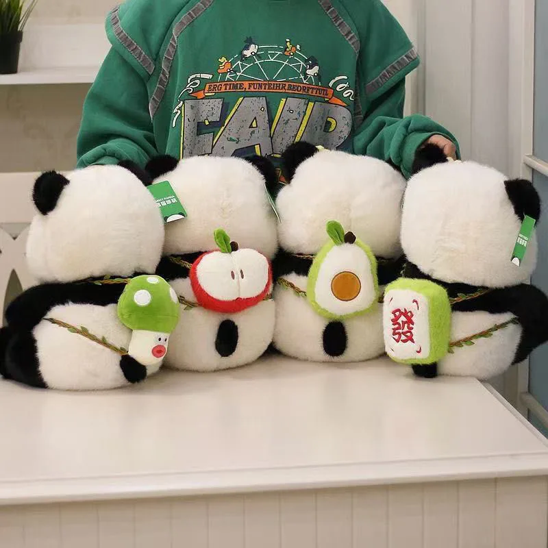 

Cute Panda Plush Toy Soft Stuffed Animal Doll with Removable Avocado Apple Mushroom Decor Fluffy Throw Pillow for Creative Gift
