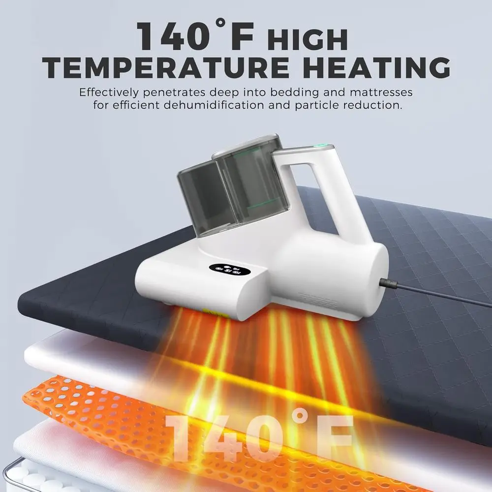 UV-C- en warmtematrasreiniger: 16kPa bedstofzuiger met HEPA, ultrasoon en dubbele bekers