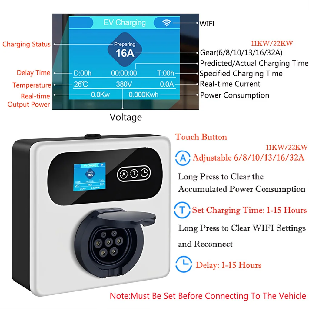 المحمولة 16A 11kW شاحن سيارات كهربائية صندوق الحائط المحمول مع الاتحاد الأفريقي 3 المرحلة 5PIN CEE التوصيل نوع 2 المقبس شاحن السيارة الكهربائية 32A 22KW 3 المرحلة