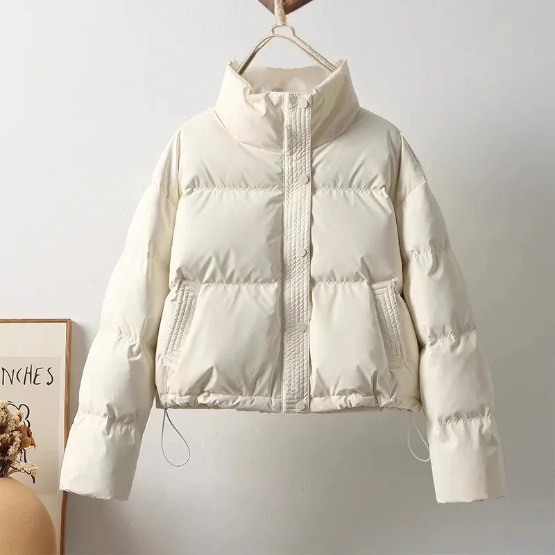 Women Casual Cotton-padded Jacket Winter Mock Neck Thickened Vintage Down Coat Single Breasted Pocket Warm Loose Short Cardigan