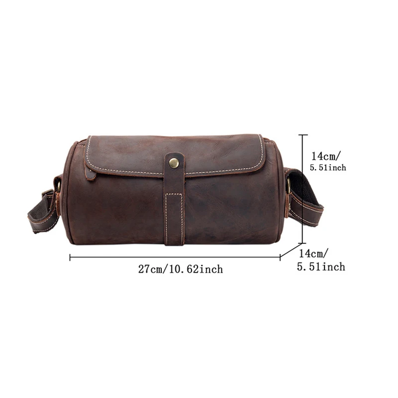 Men's casual leather shoulder bag retro top layer cowhide cylindrical pillow bag fashion bucket shaped shoulder bag mailman bag