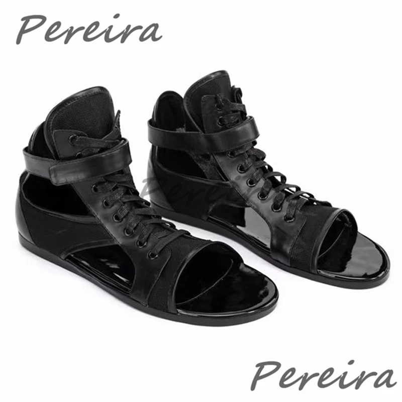 

Summer New Men's Sandals Black Patent Leather Round Toe Cross Strap Casual Flats Roman Style Cowhide Hollow Male High Top Shoes