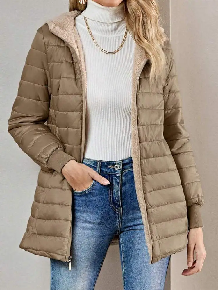 

Autumn and Winter New Mid-Length Hooded Slim-Fit Fleece-Lined Padded Warm Zipper Jacket Top Women's Coat