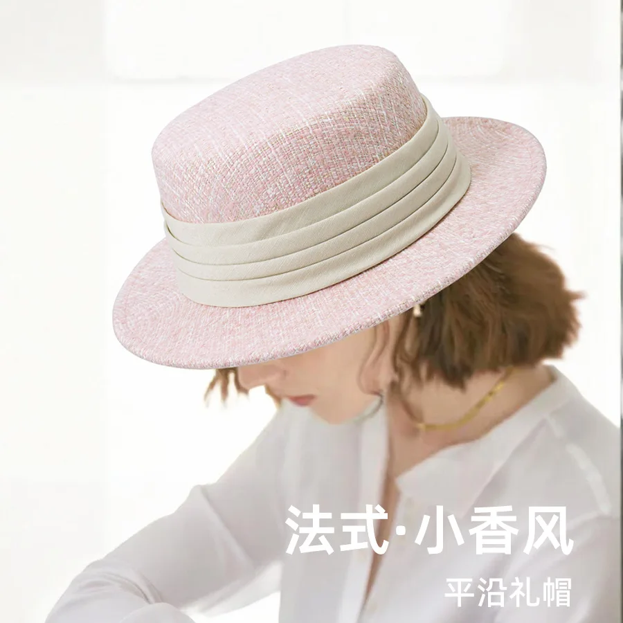 新しいフレンチレトロなフラットトップストローハット（女性用）、小さめ顔立ちデザインのエレガントな織りサンハット、シックなボヘミアンサマービーチキャップ