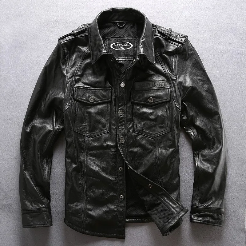 Heavy-duty motorcycle casual leather for men long-sleeved top layer thin yellow cowhide shirt