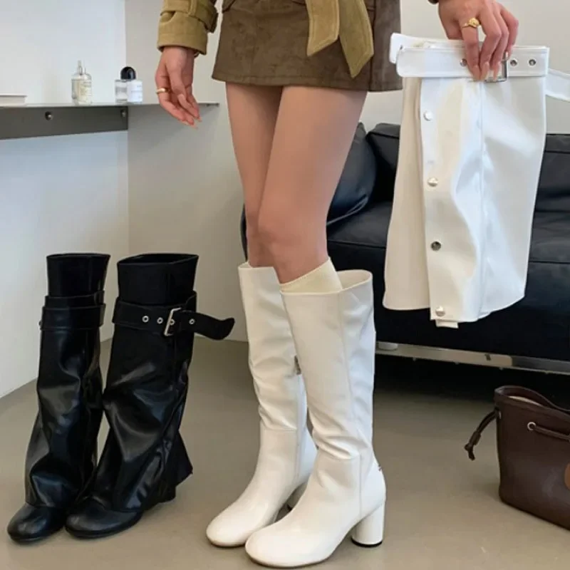 Eilyken Winter Design Detachable Splicing Buckle Strap Women Knee-High Boots Fashion Round Toe High Heels Shoes