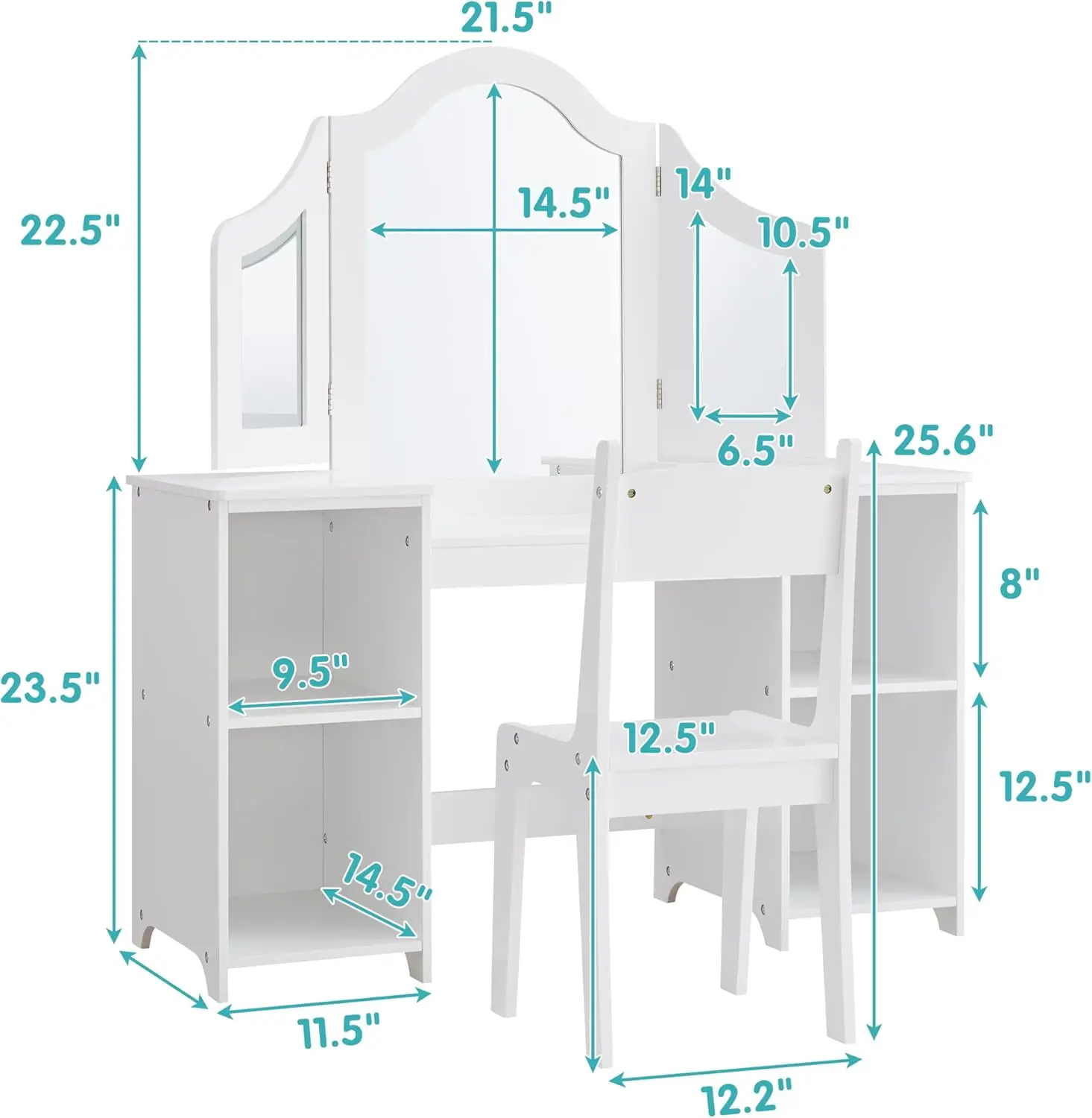 2 in 1 Kids Vanity Set, Princess Makeup Vanity Storage Cabinet with Detachable Top, Girls Vanity Set with