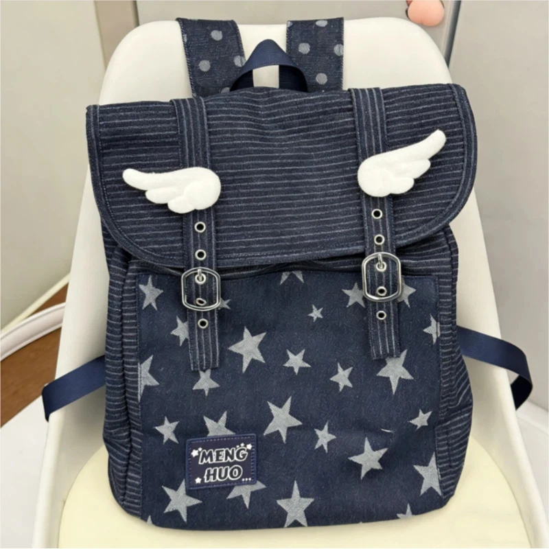 

Джинсовый рюкзак в корейском стиле, модная полосатая сумка через плечо со звездным принтом, простая милая сумка в стиле Y2K, повседневный школьный рюкзак в стиле ретро