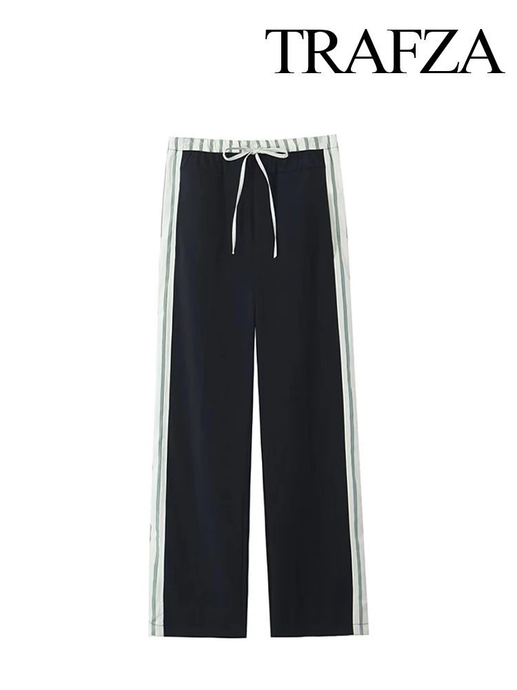 TRAFZA Female Casual Full Length Pants Black Mid Waist Side Stripe Lace-Up Decoration Trousers Woman's Spring Fashion Long Pants