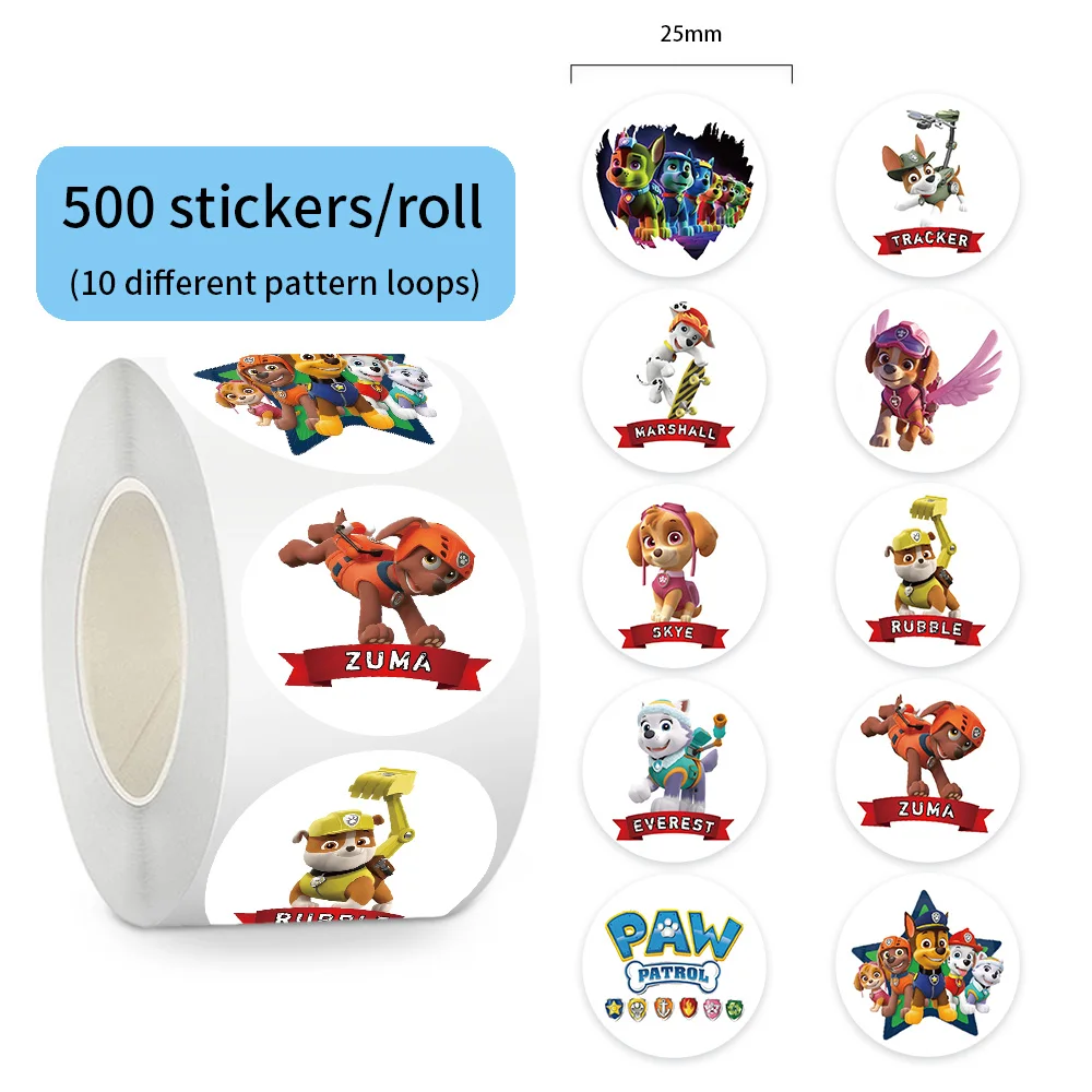 500 sztuk/rolka Nowe naklejki uszczelniające z motywem Psi Patrolu, naklejki PVC do samodzielnego wykonania, dekoracje na laptopa, naklejki, nagrody, zabawki