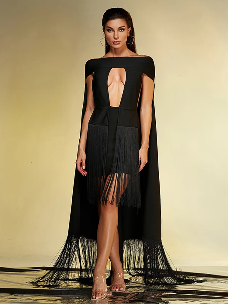 Sexy Slash Neck Cut-out Fringe Cape Mini Bandage Dress Women Black Sleevelss Hollow Out Tassel Design Dresses Evening Party Gown