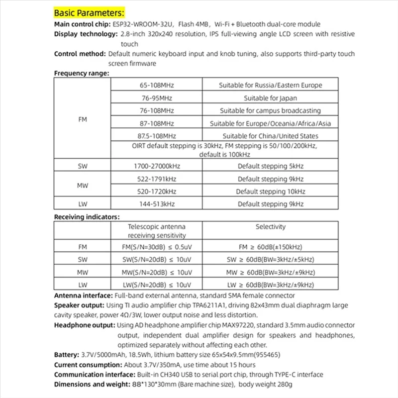 ABZW TEF6686 Radio de alta sensibilidad banda completa FM AM LW MW SW onda corta pantalla táctil IPS de 2,8 pulgadas con antena