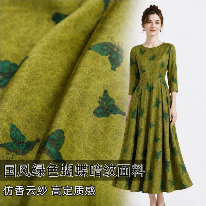 High-end high-quality traditional Chinese style green dark-patterned imitation gauze fabric shirt dress cheongsam and Hanfu