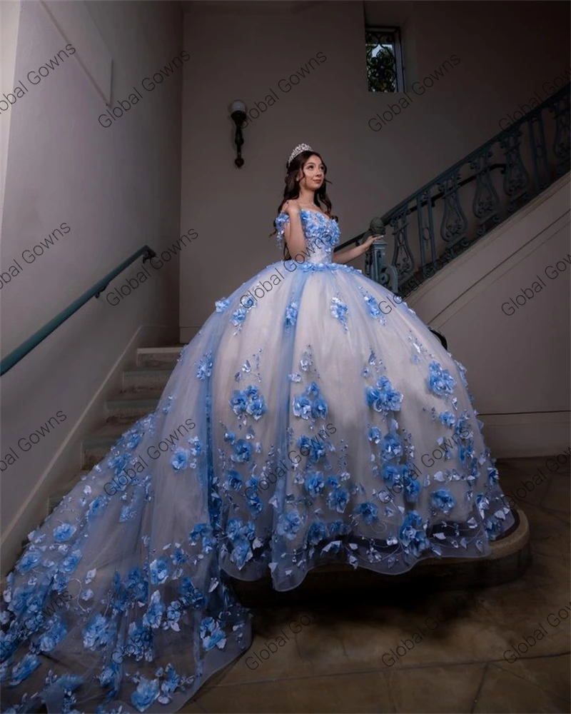 فساتين أميرة قبالة الكتف الكرة فساتين Quinceanera السماء الزرقاء للفتيات مطرز ثلاثية الأبعاد الزهور فساتين حفلة عيد ميلاد الدانتيل حتى الظهر