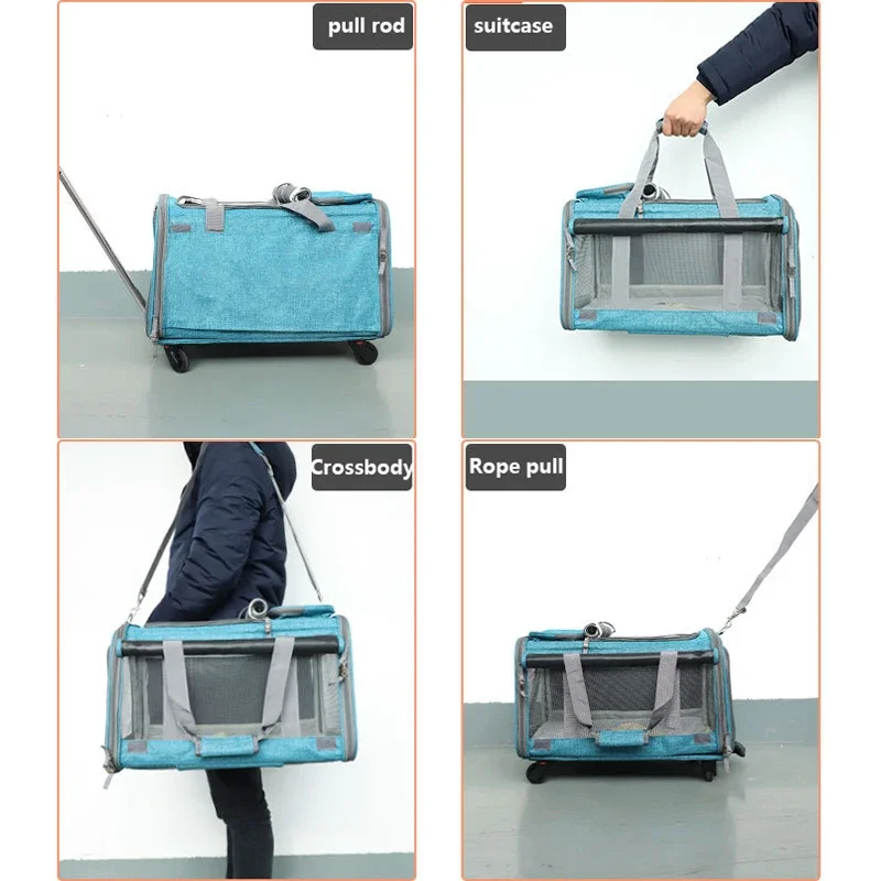 Cat Dog Carrier Portable Pet Trolley with Removable Wheels and Telescopic Handle Multi-Function Outdoor Travel Dog Carrier Bag