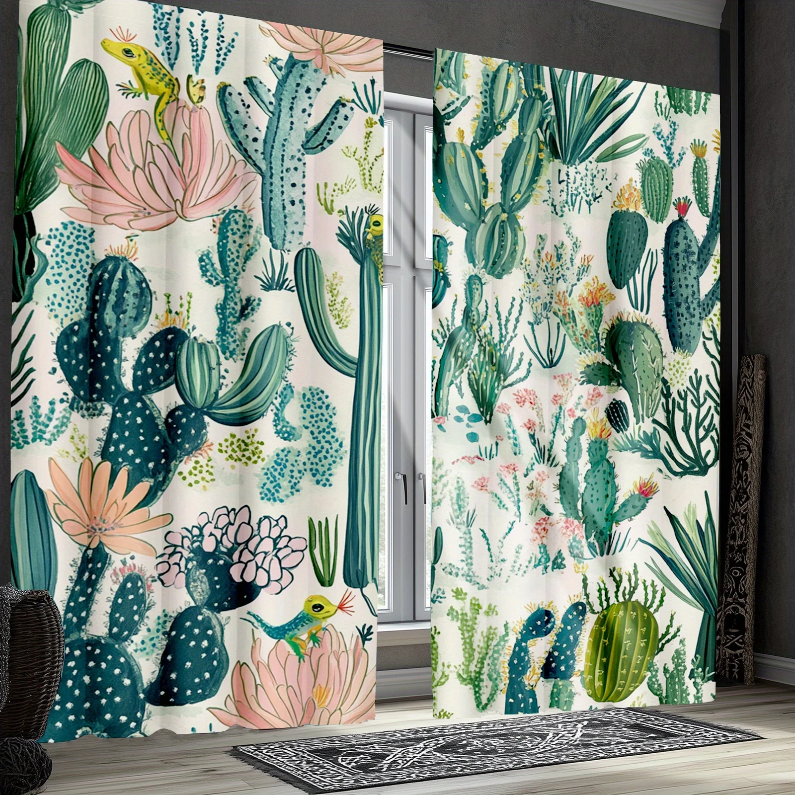 2pcs Tropical Desert Floral Landscape Curtains, Vintage Succulents and Cactus Design, for Living Room and Kitchen