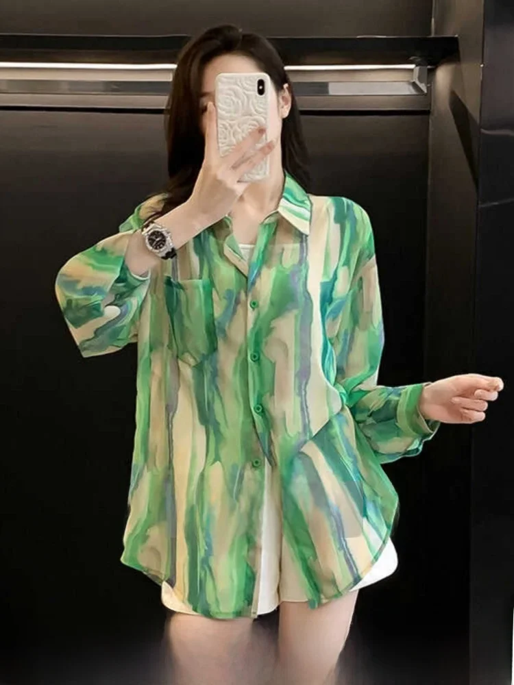 

Women's Thin Long Sleeve Shirt Tie Dye Sun Protection Gentle Large Size Top Commute Style Korean Version Straight Cut