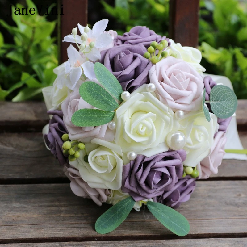 Janevini hochzeit zubehör schaum pe rosen hochzeits strauß künstlicher blauer und weißer braut strauß perlrosa lila braut blumen