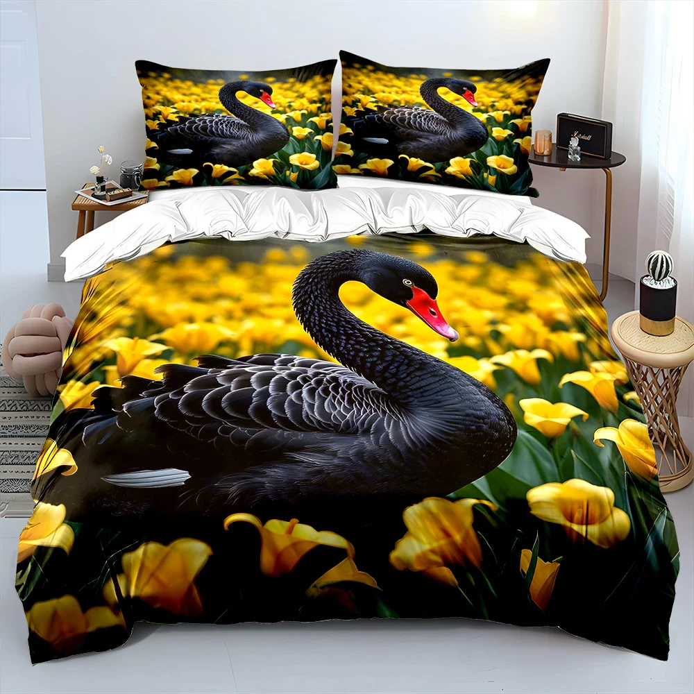 Black Swan with Yellow Flowers Bedding Set for Kids Luxury Gift 3pcs Digital Print Comforter Set Soft Comfortable Breathable