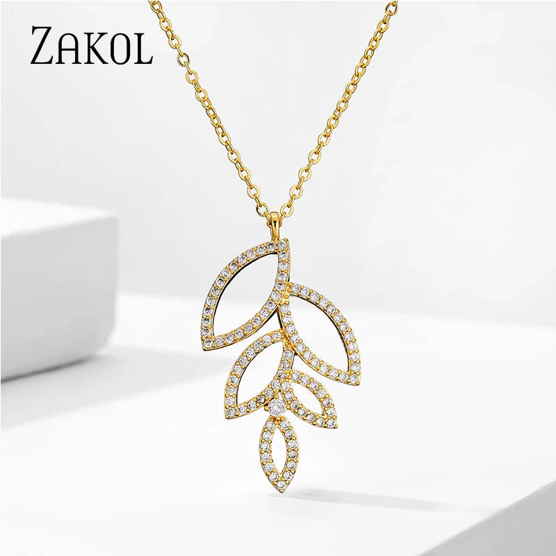 ZAKOL Luxury Elegant Hollow Leaf Pendant Necklace CZ Cubic Zirconia Wedding Party Jewelry Gift for Women Trendy