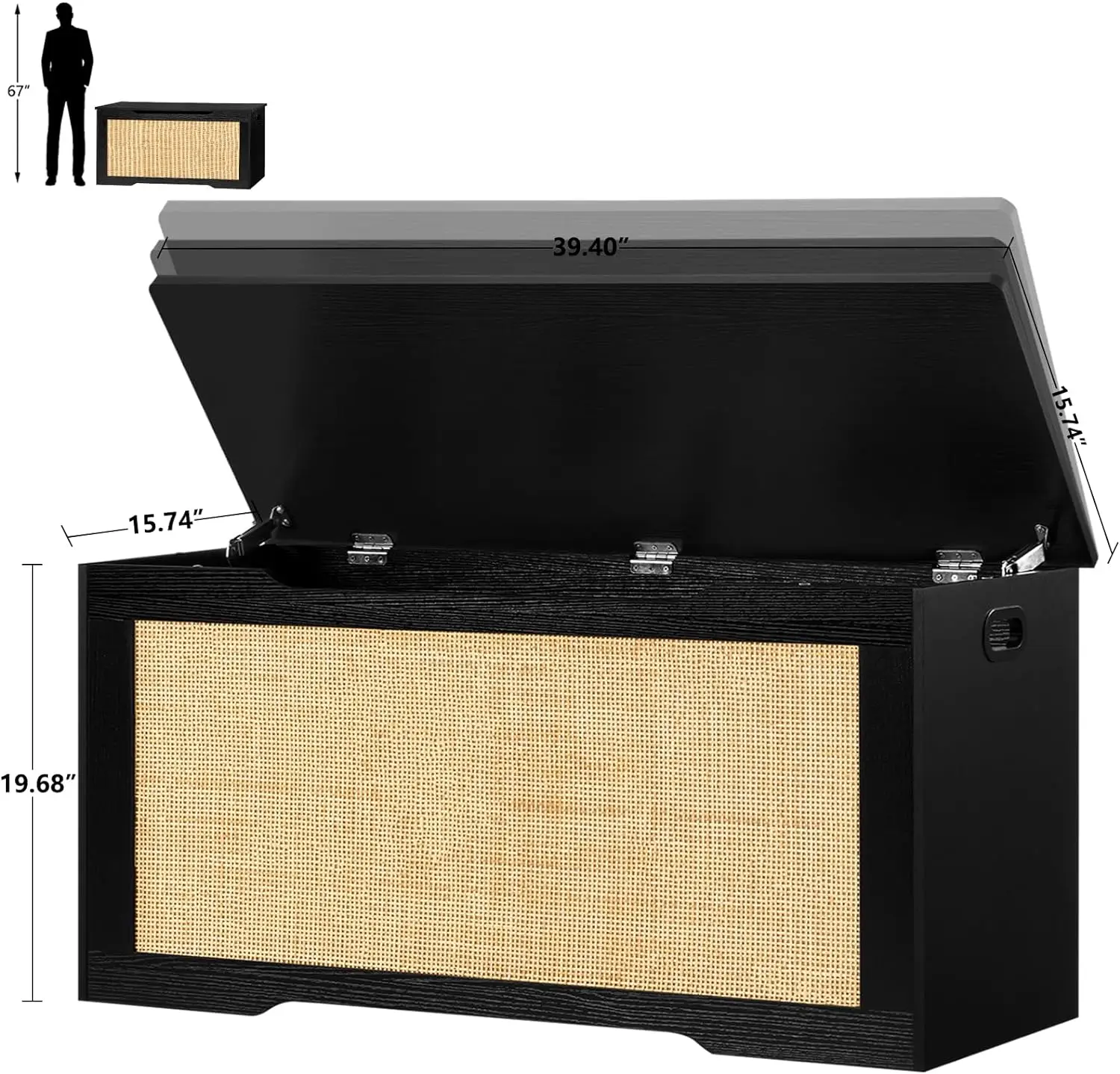 Storage Chest with Rattan, Wooden Storage Bench with 2 Safety Hinges, Lift Top Storage Box with Gel Bumpers,